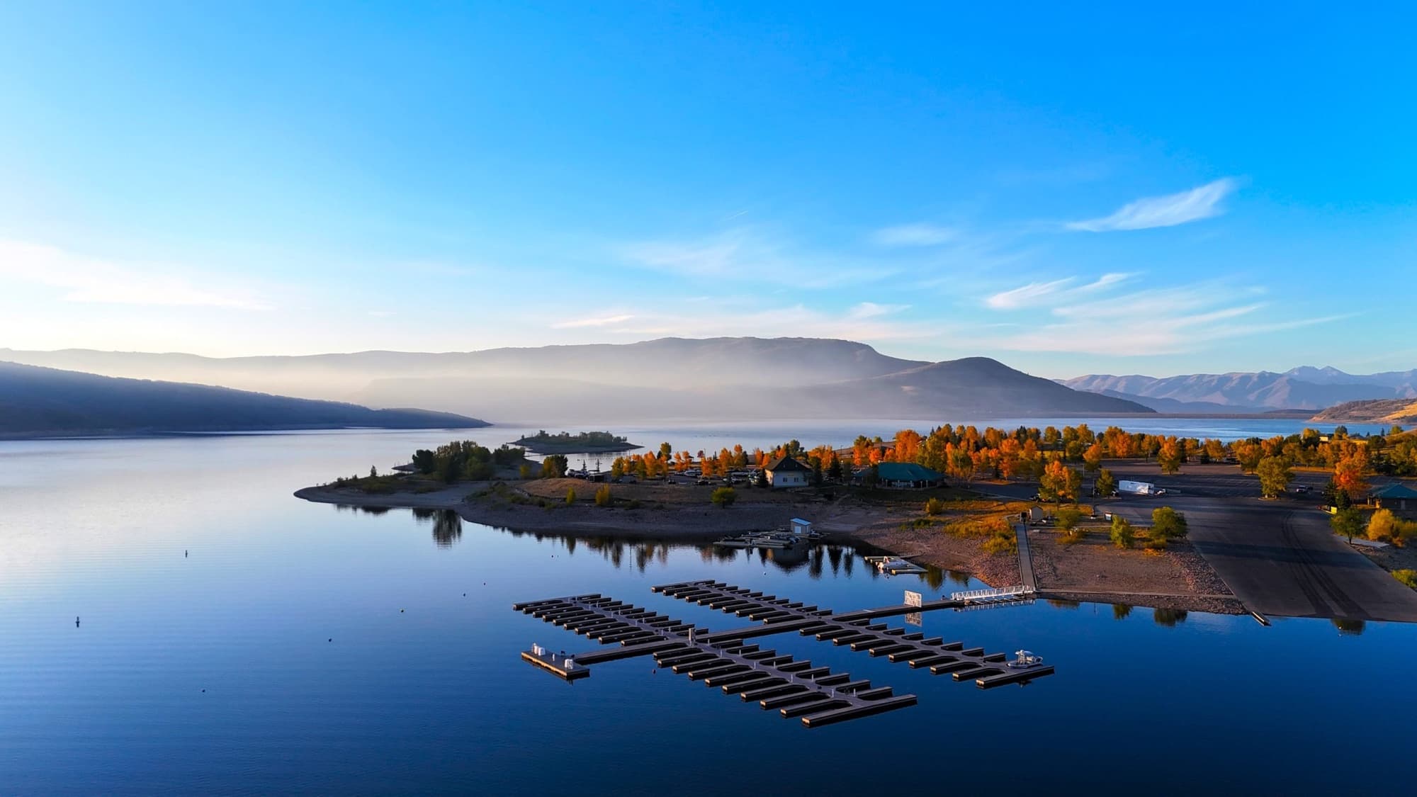 Aerial of Jordanelle Marina with fall foliage near Midway, Utah