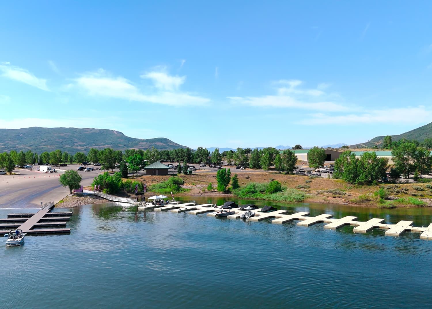 Aerial view of the Jordanelle marina — docks, boat slips, and storage near Park City